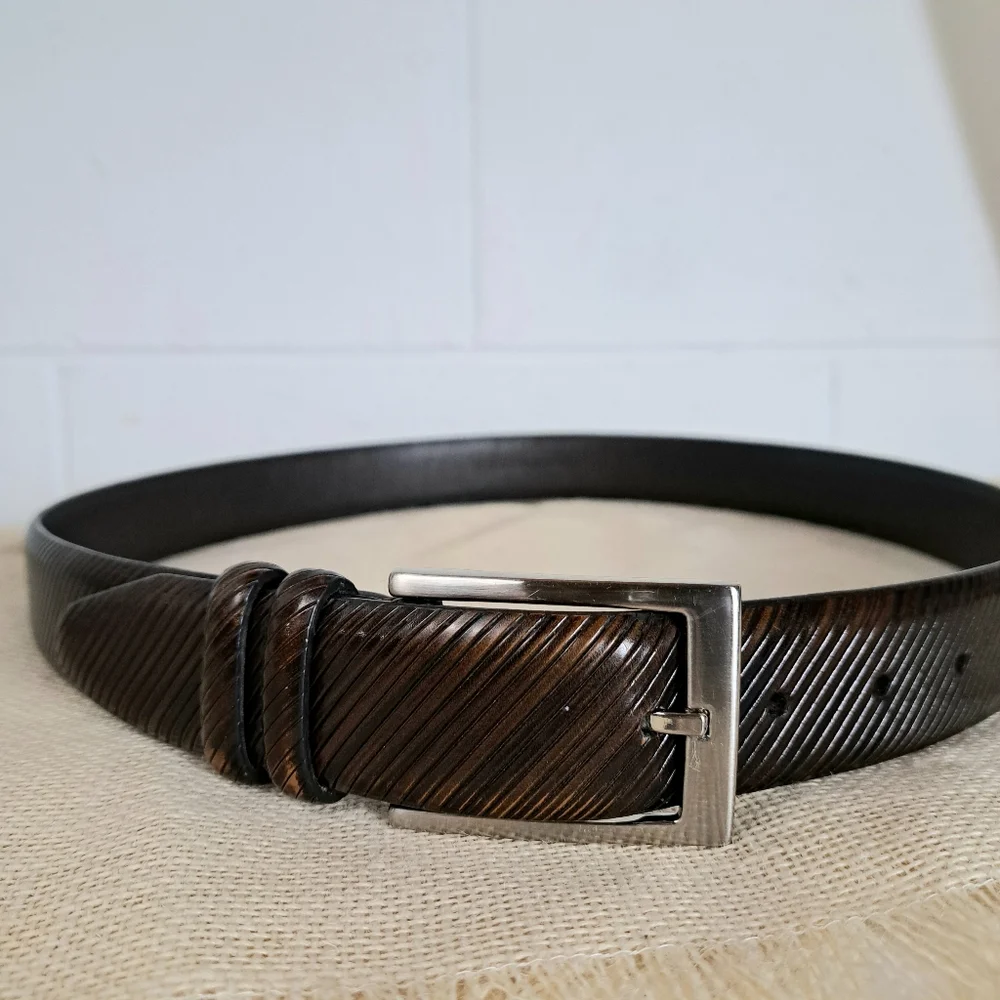Jos A Bank Brown Ribbed Leather Dress Business Belt Silver Buckle Sz36